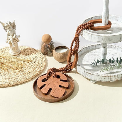 Unique Wood Beads with Chain Link and Leaf, Decorative Beads Home Decor, Knot Beaded Garland Decor, Housewarming Gift, Brown
