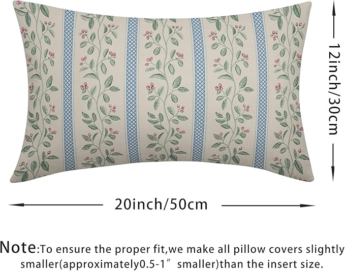 Vintage Floral Pillow Covers 12x20 Set of 2 Striped Boho Decor Blue Green Pillowcases Summer Printed Grand Millenial Throw Pillow Covers Soft Cozy with Zipper for Sofa Bed Chair Home Decoration