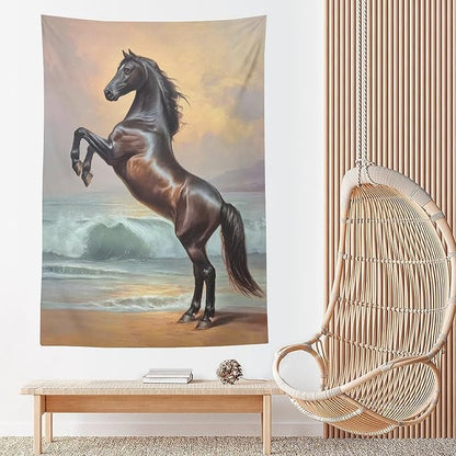 JYOUQOC Horse Animal Stands On The Beach Tapestry Large Wall Art Backdrop Flag Wall Hanging Decor for Living Room Bedroom Dorm Office 60"×90"