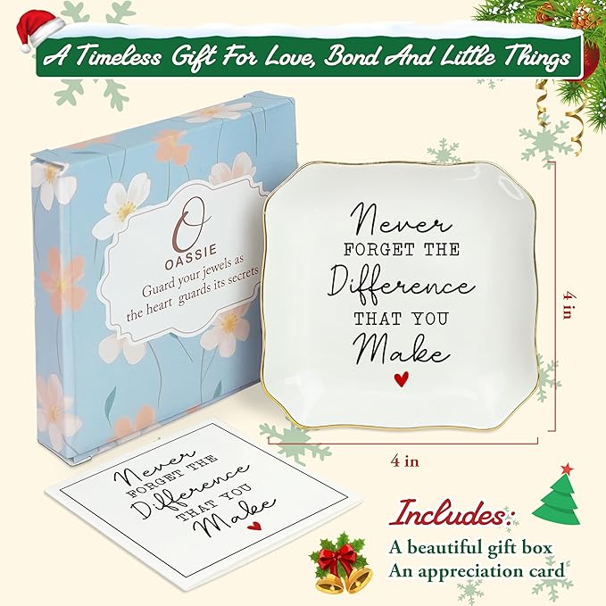 OASSIE Christmas Thank You Gifts for Women - 4"x4" Ceramic Jewelry Dish Tray - Appreciation Birthday Gifts for Women Employee Coworkers Teacher Boss Lady Manager Nurses, Retirement Gift for Woman