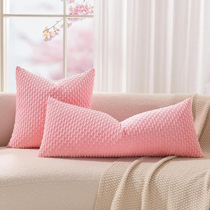 Kevin Textile 14x36 Inch Long Lumbar 1 Pack Boho Decorative Throw Pillow Cover Soft Striped Corduroy Rectangle Cushion Case Farmhouse Accent for Living Room Couch Sofa Bed, Pink