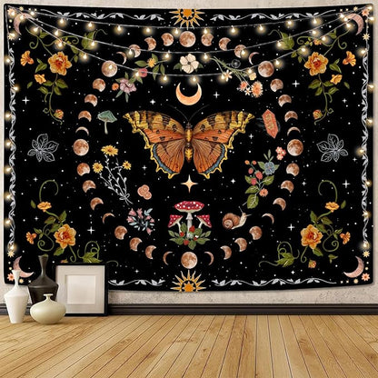 Aipon Orange Butterfly Moon Flower Tapestry Botanical Floral Plant Boho Tapestry for Bedroom Aesthetic Vintage Tapestries Wall Hanging for Living Room Dorm (36.00" x 48.00", Orange)