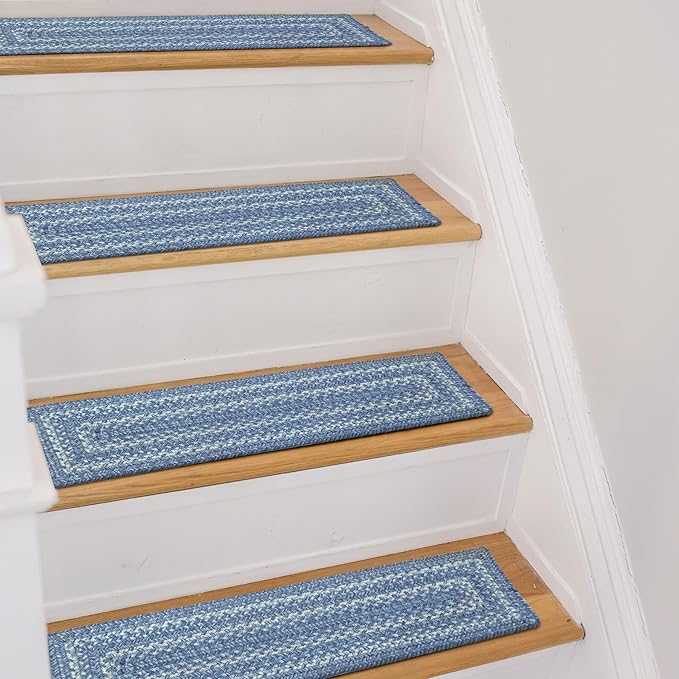 Homespice Denim Jute Braided Stair Treads for Wooden Steps, Country Coastal Decor, Set of 13, Blue 8x28 Rectangle Rugs for Stairs - Easy to Clean, Tightly Stitched and Durable