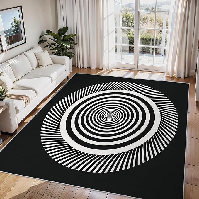 Black and White Circle Rugs for Home Decor, 6x9 ft, Abstract Op Art Area Rugs for Living Room, Soft Non Slip Washable Modern Geometric Carpet Bedroom Decorations Dt-Ghf-31