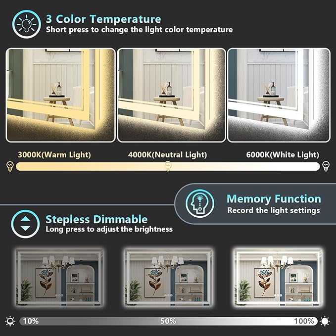 50x36 Inch LED Bathroom Mirror with Lights, Backlit & Front Lit, Anti-Fog Lighted Vanity Mirrors for Bathroom Wall, Dimmable, 3-Color Light, Memory, Shatter-Proof, HD Tempered Glass, CRI ＞90