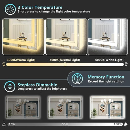55x36 LED Bathroom Mirror with Lights, Backlit and Front Lit, Anti-Fog Lighted Vanity Mirrors for Bathroom Wall, Dimmable, 3-Color Light, Memory, Shatter-Proof, HD Tempered Glass, CRI＞90
