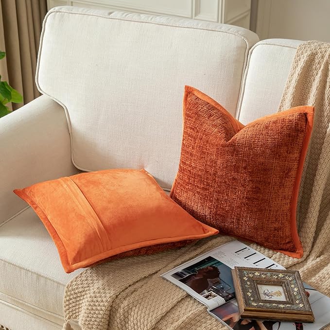 Yaertun Pack of 2 Chenille Textured Decorative Throw Pillow Covers Accent Solid Cushion Cover Soft Cozy Pillow Case with Velvet Back for Couch Sofa Bed Living Room 22x22 Inch Rust
