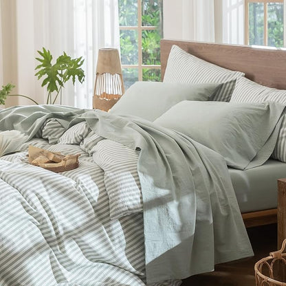 MooMee Bedding Sheet Set 100% Washed Cotton Linen Like Textured Breathable Durable Soft Comfy (Heathered Sage Green, Queen)