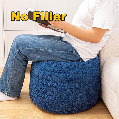 Unstuffed Ottoman Pouf Cover – Round Faux Fur Footstool Plush Floor Pouf (No Filler Included) Perfect for Living Room, Bedroom, or Office Lounge (Navy Blue, 26x26x18 in)