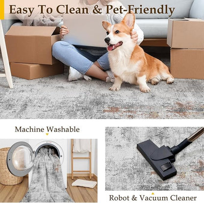 6x9 Washable Area Rug Grey Rust Abstract Living Room Bedroom Carpet Neutral Modern Non-Slip Soft Low Pile Lightweight Vacuumable Throw Rug for Dining Room Kitchen