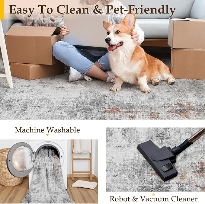 9x12 Washable Area Rug Grey Rust Abstract Living Room Bedroom Carpet Neutral Modern Non-Slip Soft Low Pile Lightweight Vacuumable Large Throw Rug for Dining Room