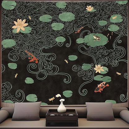 Lifeella Japanese Tapestry, Koi Pond Tapestry, Abstract Lotus Lily Wall Hanging, Zen Nature Aesthetic Art Wall Decor for Bedroom Living Room Dorm, Black 36x48 inches