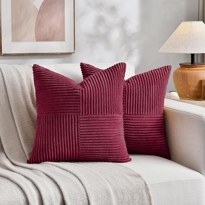 Fancy Homi 2 Packs Burgundy Samll Decorative Throw Pillow Covers 12x12 Inch with for Living Room Couch Bed, Rustic Farmhouse Boho Home Decor, Soft Corss Patchwork Corduroy Square Cushion Case 30x30 cm