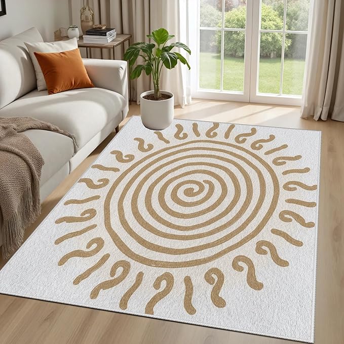 Boho Washable Rugs for Bedroom 7x10, Modern Sun Print Soft Minimalism Area Rug, Non Slip Low Pile Abstract Carpet for Classroom Living Room Decor Dining Room, Beige Yellow