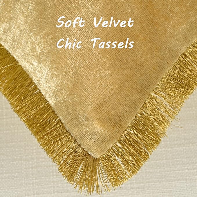 FUTEI Christmas Gold Velvet Decorative Throw Pillow Covers 26x26 Set of 2,Soft Cozy Edge with Tassels Euro Pillow Shams,Boho Modern Home Decor for Couch Bed Living Room