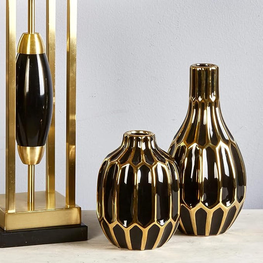 Elegant Ceramic Vase for Living Room Decor and Home Decor Accent - Modern Decorative Flower Vase for Room, Bedroom, or Office Desk - Designed for House and Table Decor - 8", Black & Gold