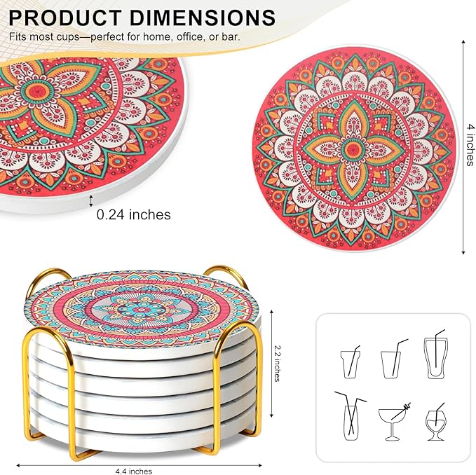Ceramic Coasters Set of 6 with Holder, Mandala Style, Absorbent Drink Coaster Set for Home Decor, Cups, Mugs and Glasses (Pink Mandala)
