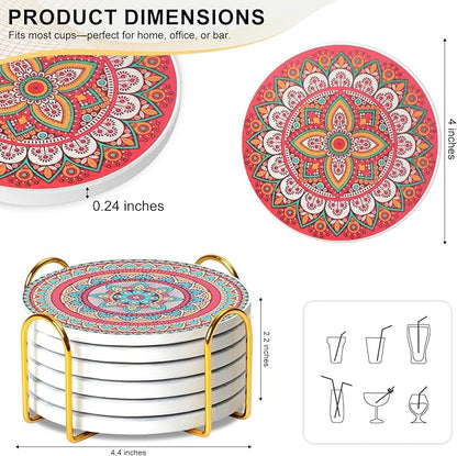 Ceramic Coasters Set of 6 with Holder, Mandala Style, Absorbent Drink Coaster Set for Home Decor, Cups, Mugs and Glasses (Pink Mandala)