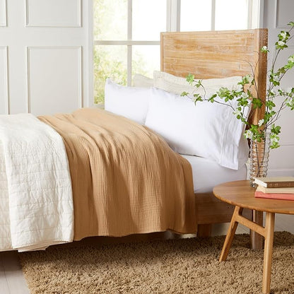 100% Cotton Muslin Full Queen Size Blanket | Soft, Breathable, and Lightweight Bed Blanket for All-Season | Perfect for Layering | Maria Collection (Full/Queen, Beige)