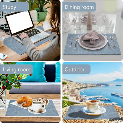Faux Leather Placemats Set of 6,Heat Resistant Placemats for Dining Table, Easy Clean Non-Slip Place Mats, Waterproof Stain Resistant Wipeable Washable PU Table Mats, (Blue)