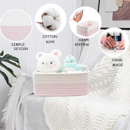 COMFY-HOMI 13" x 8.5" x 5.1" Storage Baskets for Organizing | Cotton Rope Woven Basket | Toy Storage Bin Box | Basket for Shelves, Closet Organizer Bin, Decorative Closet Shelf, 3 Pack, white/pink
