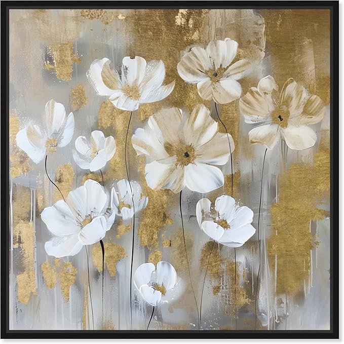 Art Remedy Golden Daisies Canvas Elegant White Gold Wall Art, Black Frame, 40" x 40"