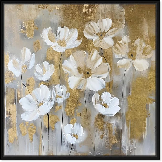Art Remedy Golden Daisies Canvas Elegant White Gold Wall Art, Black Frame, 40" x 40"