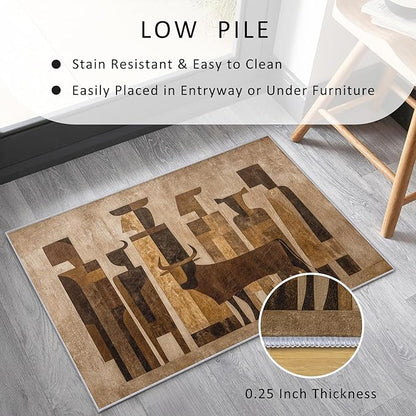 Boho Rug, 3x5 Area Rugs Abstract Art Cow People Pattern for Entryway, Living Room, Bedroom, Boho Home Decor Accessories Indoor Carpet, Non Slip & Machine Washable
