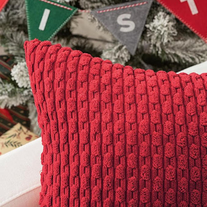 Kevin Textile Christmas Throw Pillow Covers Soft Corduroy Decorative Set of 2 Boho Striped Pillow Covers Pillowcases Farmhouse Home Decor for Couch Bed Sofa Living Room 18x18 Inch Red