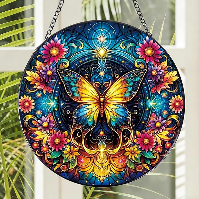 Rngmsi Stained Glass Window Hanging, 7.8″ Butterfly Flower Sun Catchers with Hook Indoor Window Decor, Decorative Suncatchers Hanging Ornaments Home Garden Art Gift for Housewarming