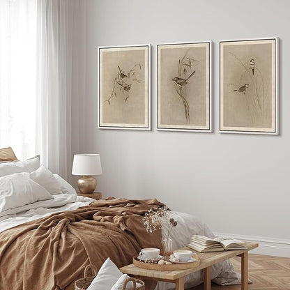 MUDECOR Framed Wall Art Print Set Vintage Bird Wheat Ear Illustrations Modern Art Boho Decorative Colorful Chic for Living Room, Bedroom, Office - 16"x24"x3 White