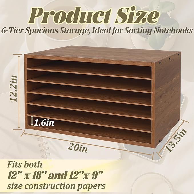Prolee Construction Paper Organizer 20" x 13.5" x12.2",Soild Wooden Paper Organizer with 6-Tier Letter Trays, Desktop File Papers Sorter for Home, Classroom and Office (Walnut)