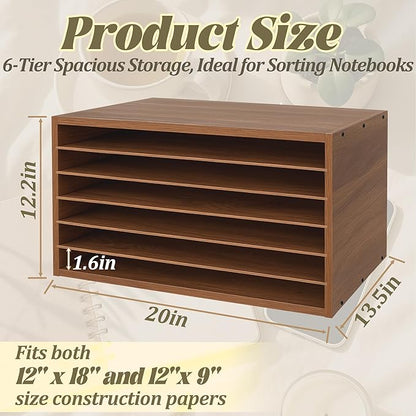 Prolee Construction Paper Organizer 20" x 13.5" x12.2",Soild Wooden Paper Organizer with 6-Tier Letter Trays, Desktop File Papers Sorter for Home, Classroom and Office (Walnut)