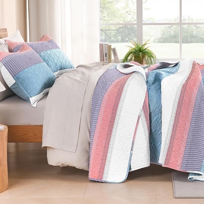 Litanika Twin Quilt Set Purple, Blue and White, 68x86 Stripe Bedspread Coverlet 2 Pieces, Pink Lightweight Quilted Bedding Set for All Season(Twin-1 Quilt, 1 Pillowcase)