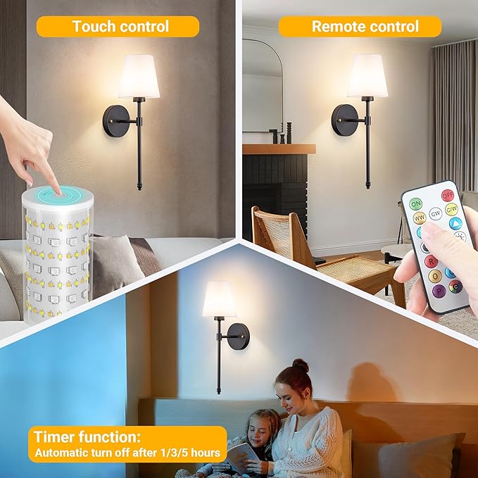 Battery Operated Wall Sconce: Peel and Stick Adhesives Stick On Non Drill Wall Light, Rechargeable Wireless Wall Lamp with Battery Corn Bulb for Bedroom Wall Decor