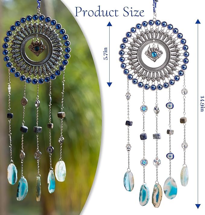 Evil Eye Dream Catcher, Handmade Blue Agate Stone Catcher with Crystals, Protective Bohemian Wall Hanging Decor for Bedroom, Window, Garden - Unique Housewarming Gift for Friends and Family