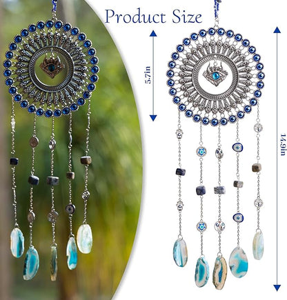 Evil Eye Dream Catcher, Handmade Blue Agate Stone Catcher with Crystals, Protective Bohemian Wall Hanging Decor for Bedroom, Window, Garden - Unique Housewarming Gift for Friends and Family