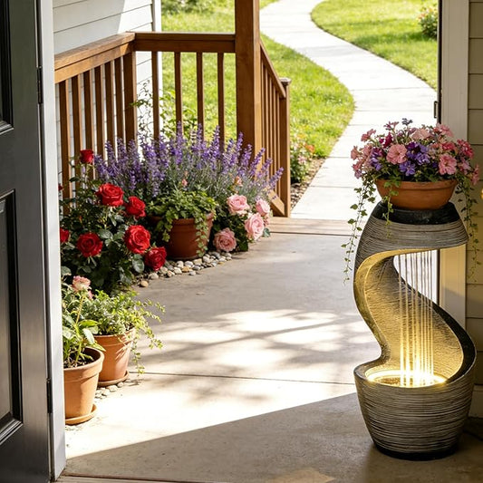 37.9”H Garden Outdoor Water Fountain, Modern Waterfall Fountain Water Feature with Lights for Patio, Backyard & Garden