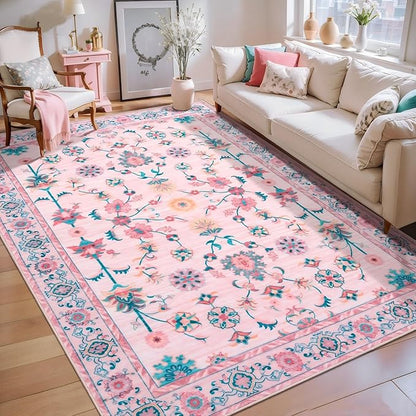 Tangsoo 4x6 Washable Area Rug, Non Slip Pink Floral Rug for Bedroom Girls Nursery Bedside, Soft Low Pile Floor Carpet Indoor Mat Cute Home Decor for Office Classroom Reading Corner Baby Teen Room
