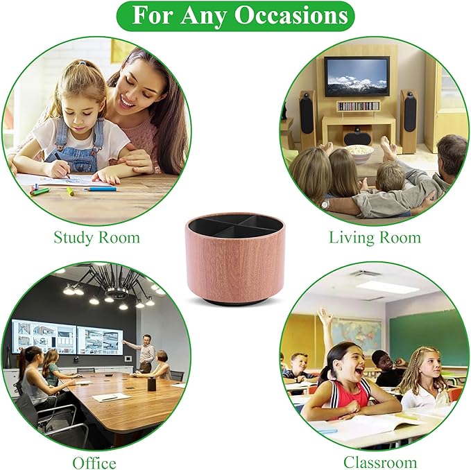 Round Leather Art Supply Organizer,Remote Control Holder,360 Degree Spinning,Multi-Functional Pencil Holder,4 Compartments Desktop Stationary Organizer(1-Thin Wood Ligh Brown)