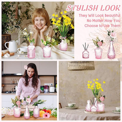 Inbagi Glass Vase Set, 20 Pcs Vintage Flower Vases in Bulk, Different Shapes and Sizes, Pink, for Decorative Centerpieces, Rustic Home Christmas Decoration