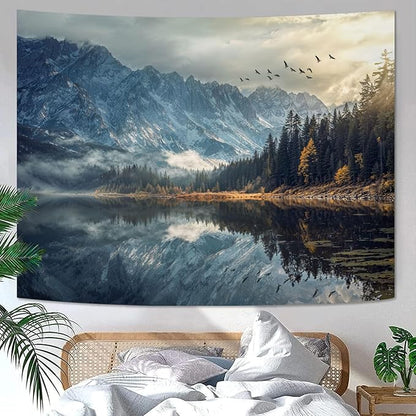 kampdream Lake Scenery Tapestry, Misty Mountains and Pine Forest Wall Hanging, Nature Home Decor for Bedroom and Living Room Wall Art Decoration