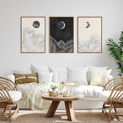 HLNIUC Black and White Abstract Wall Art Set of 3, Large Boho Framed Canvas Decor(16x24), Modern Celestial Sun Moon Painting, Geometric Line Mountain Art Print for Living Room, Bedroom, Office