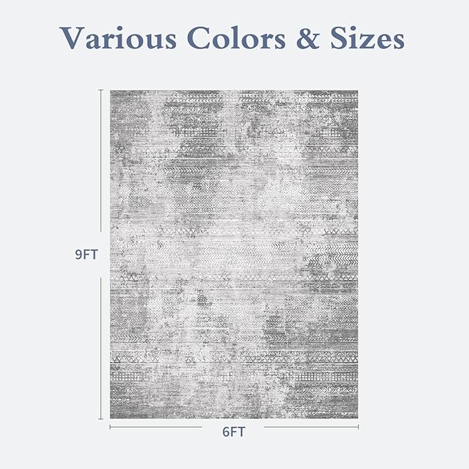 6x9 Area Rugs for Living Room Non Slip Machine Washable Rug Distressed Abstract Soft Indoor Carpet Neutral Boho Rug for Bedroom Dining Room Playroom Office, Grey