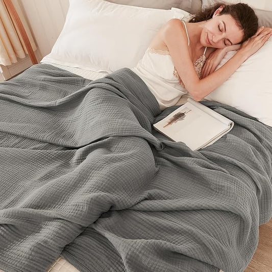 EMME Cotton Throw Blanket for Couch Soft Muslin Blankets 50"x60" Lightweight Breathable Blanket All Season Gauze Blanket, Grey