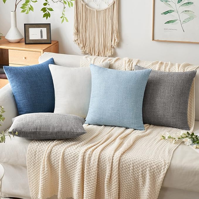 MIULEE 24x24 Inch Euro Linen Burlap Pillow Covers, Set of 2 Large Square Farmhouse Boho Decorative Pillows - Blue Home Decor for King Bed, Sofa, Couch, Bedroom,Livingroom