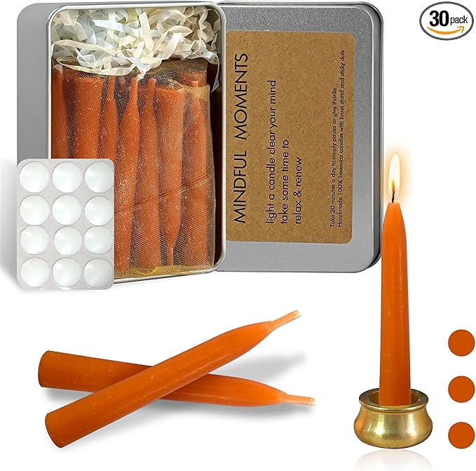 Mini Taper Candle Meditation Candles,Pumpkin 20 Minute Prayer Candlestick Dripless Beeswax Candles with Brass Candle Holder for Yoga & Spiritual Rituals,30-ORABRO