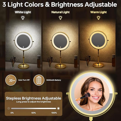 9" Lighted Makeup Mirror with 1X 10x Magnification, 5000mAh Rechargeable Magnifying Vanity mirror with lights, 3 Lighting Color, Dimmable and Height Adjustable Cordless Cosmetic Mirror (10X Gold)