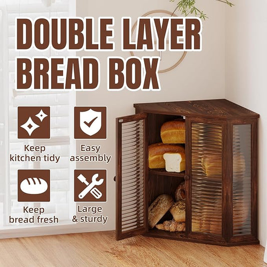 Corner bread box Bread Box for Kitchen Countertop - Corner Bread Storage Box 16.51" H, Premium Pine Wood with Glass Door, Perfect for Homemade Bread, Baguettes & Pastries (Pine wood)