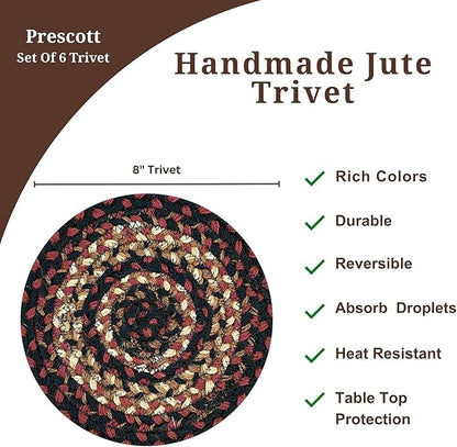 Homespice Prescott Jute Woven Trivets for Kitchen - Set of 6 - Round 15", Black & Red - Rich Colors, Easy to Clean, Durable and Protects Furniture